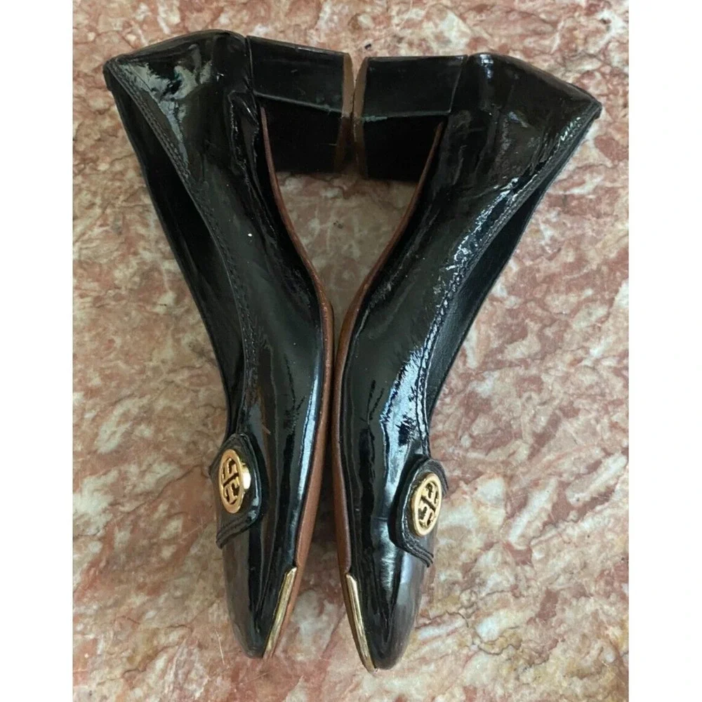 Tory Burch Marion Leather Black Patent Leather Gold Trim‎ Pumps Size 8 EUC, $248